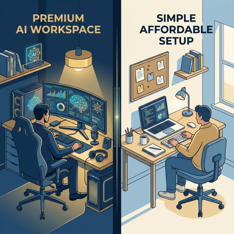 Split illustration labeled Premium AI Workspace and Simple Affordable Setup