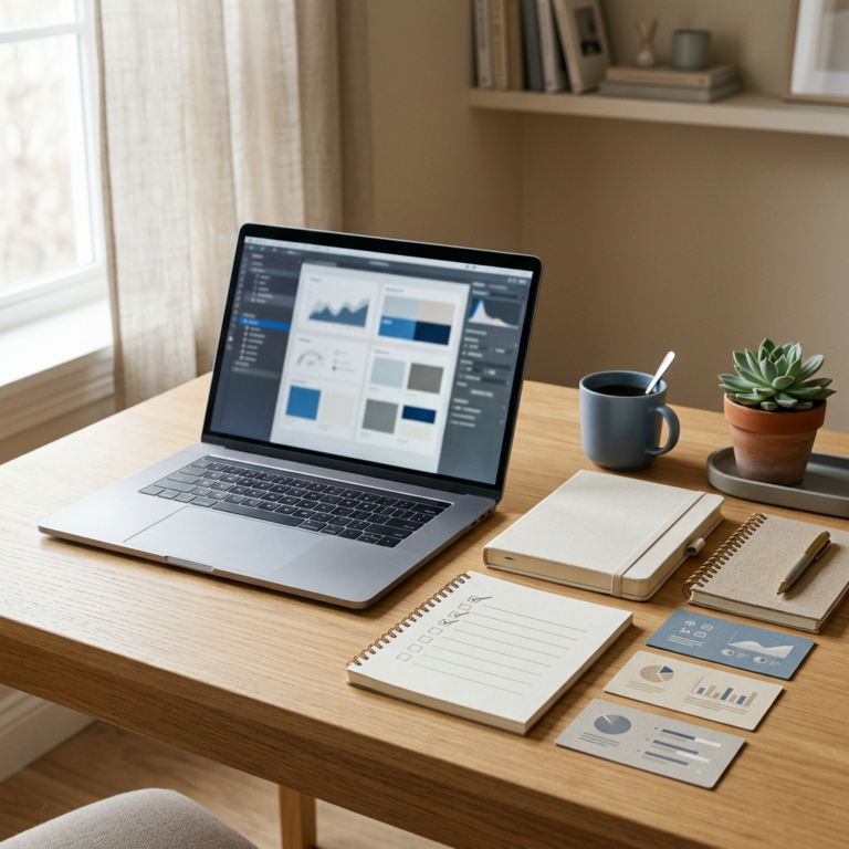 Laptop displaying dashboards beside notebooks, charts, coffee, and a potted succulent