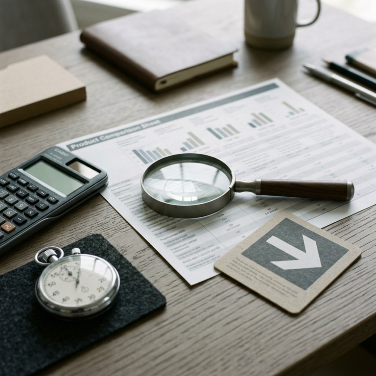 Magnifying glass over company financial report beside calculator and stopwatch