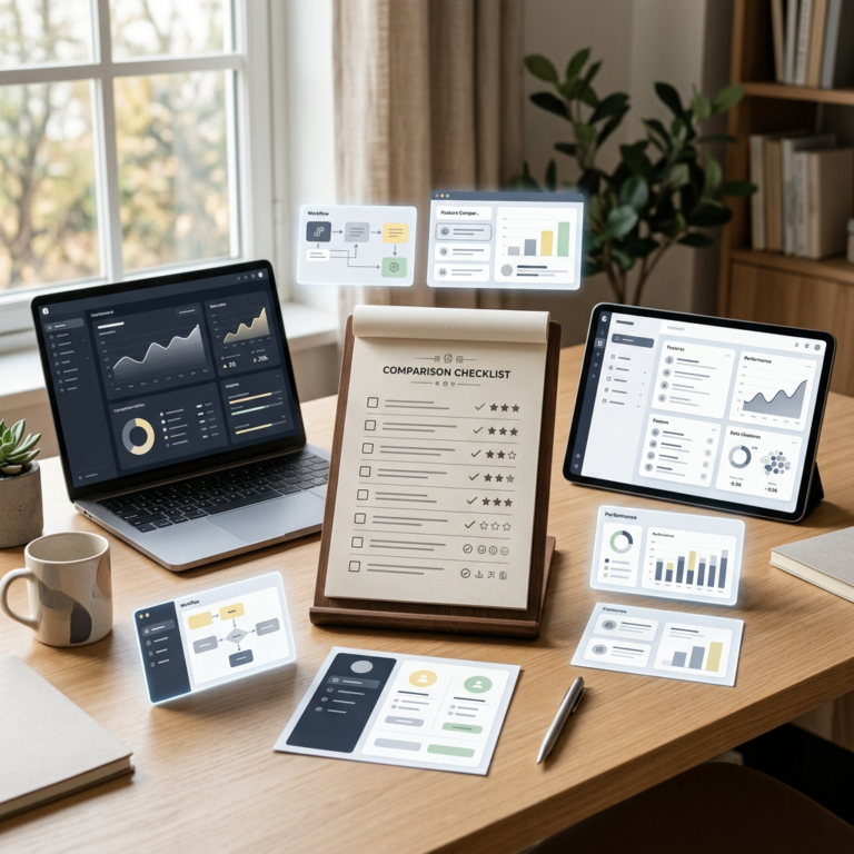 Workspace comparing AI tools with abstract panels