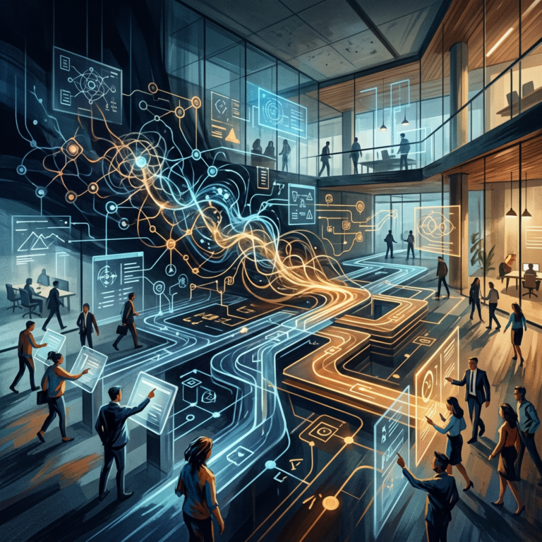 Professionals in a modern office surrounded by glowing digital networks and data pathways