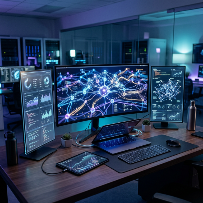 Multi-monitor workstation displaying data network visualizations and analytics dashboards